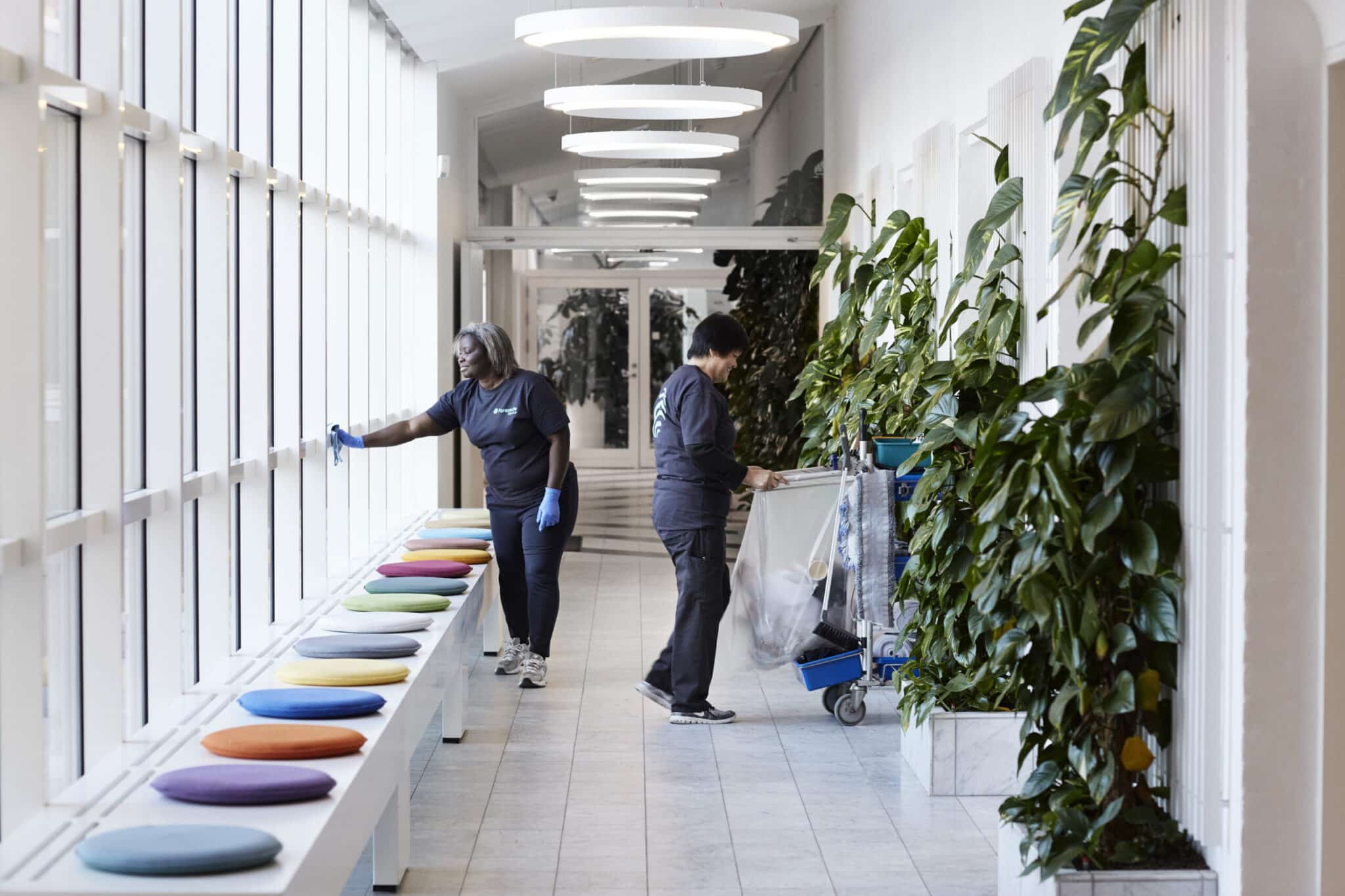 To rengøringsmedarbejdere arbejder i en lys gang med grønne planter